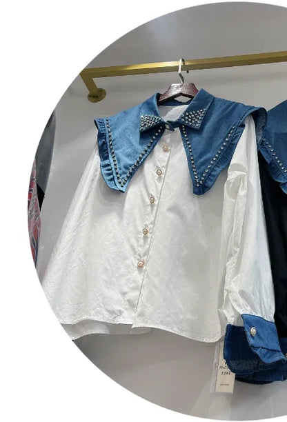 🍒Sequin shirt with beading ruffle blouse for women black occasion shirt Y2k long sleeve occasion top feminine fashion evening wear party wear tops Look Frilling In Your Frilly Frills