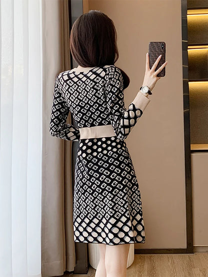 🍒Vintage knitted dress long sleeve mini o-neck autumn/winter Jacquard a-line outfits slim fit smart casual womens clothing breathable viscose Value Vintage