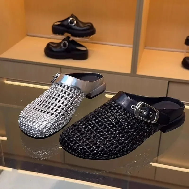 🍒Closed toe buckle sandals slide shoes womens elegant breathable  summer mesh mules rhinestone retro smart casual chic outdoor slippers