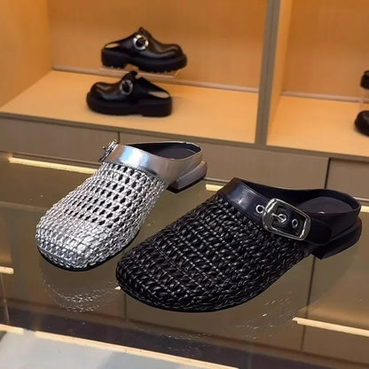 🍒Closed toe buckle sandals slide shoes womens elegant breathable  summer mesh mules rhinestone retro smart casual chic outdoor slippers