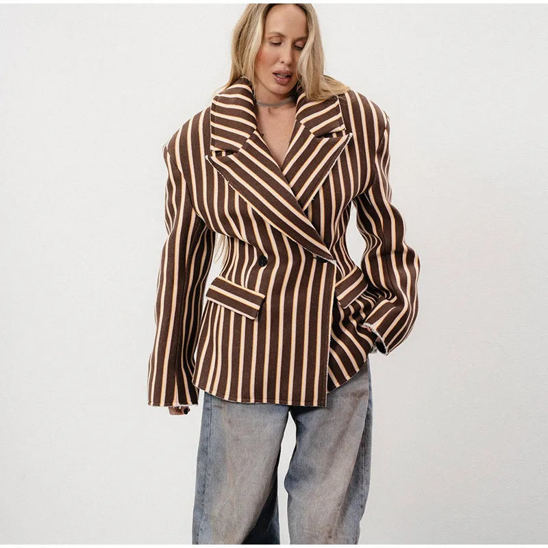 🍒Striped print blazer women's full Sleeve jacket with notched lapel collar double breasted spring coat fashion wear office clothing   Look Chocolate In Orange