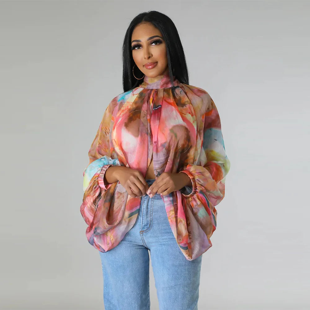 🍒Colourful chiffon blouses plus size printed front split blouse fashion batwing loose fitting see though top with puff sleeves party night club blouses shirt for women OPEN Up Your Armoire to A Cool BLOUSE