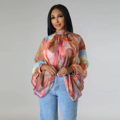 🍒Colourful chiffon blouses plus size printed front split blouse fashion batwing loose fitting see though top with puff sleeves party night club blouses shirt for women OPEN Up Your Armoire to A Cool BLOUSE