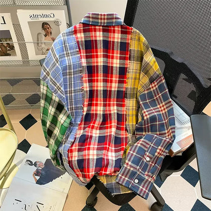 🍒Women's checkered collared  shirt spliced long sleeve shiirt Y2K american streetwear aesthetic college 2000s top retro shirt casual clothing Get Your Neck In A check