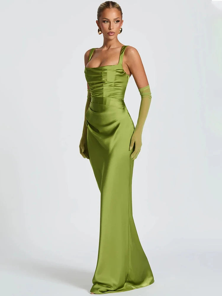 🍒Satin backless sleeveless long dress satin maxi outfits for women spaghetti straps lace-up back bodycon club wear party occasion clothing  Kool kiwi