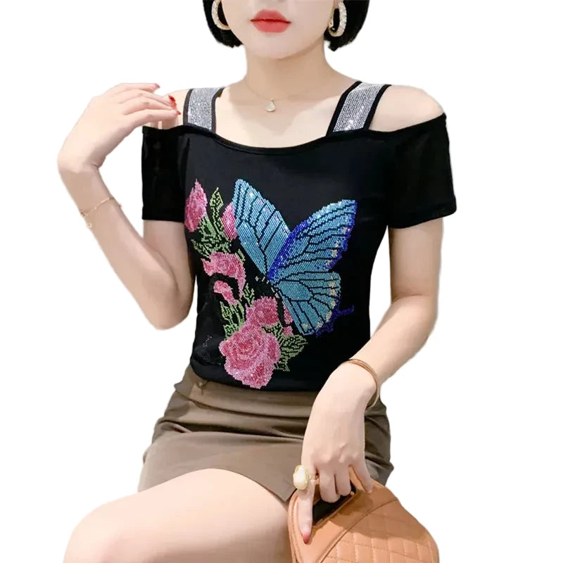 🍒Streetwear chic Heart Shaped top diamond t-shirt off shoulder black tee women summer short sleeve mesh tops SEQ And w 'UIN This Heart