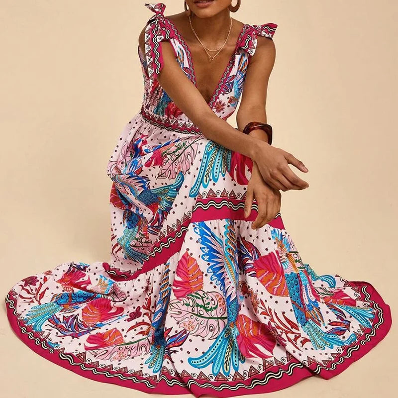 🍒Print sleeveless outfit swing dress v-neck women maxi high waist fashion holidays summer wear beach wear Shore Thang