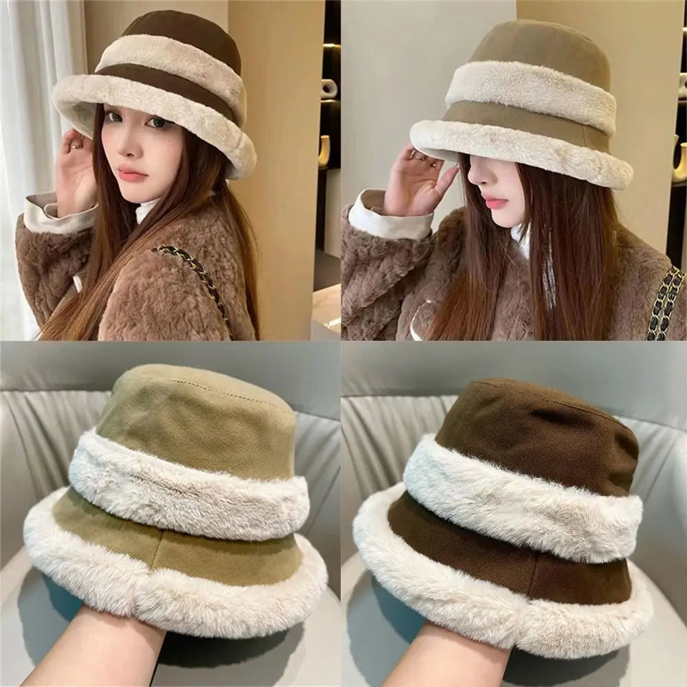 🍒Furry fisherman hat women's autumn winter fleece lined warm bucket hat windproof ear. protection headwear  Primpy Plush Puppie
