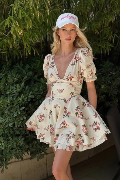 🍒Elegant party dresses for women vintage rose floral a-line outfit mini summer clothing wear with fitted waist printed v -neck short puff sleeve layered smart casual clothes beach party wear Mini Rose Pose