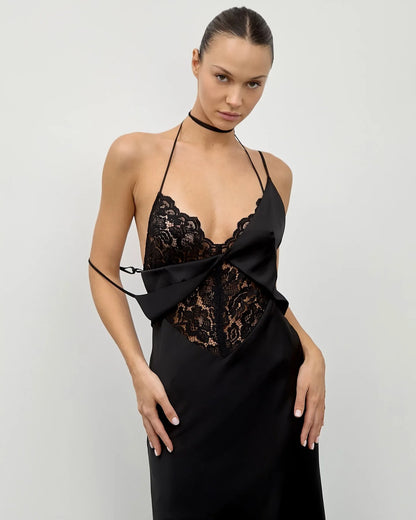 🍒Fashion lace dress women sleeveless backless outfit high-waist mixed media clothing occasion wear party fashion elegant luxury Slip Into Smooth