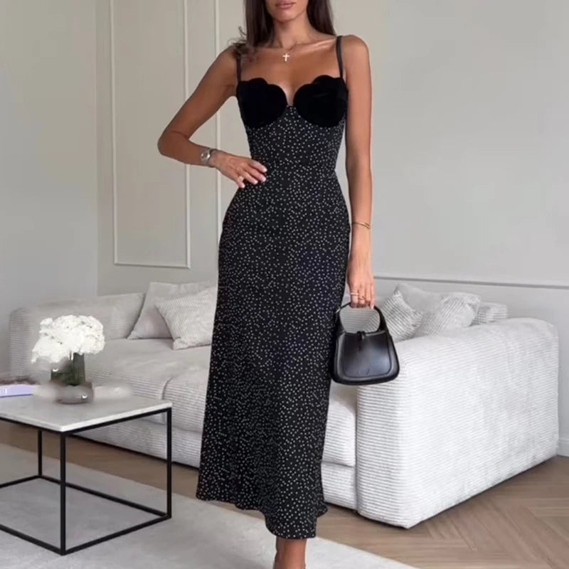 🍒Dot print dress printed long elegant sphaghetti straps women  sleeveless outfit party occasion clothing maxi fashion Get Dotty In Party Dots
