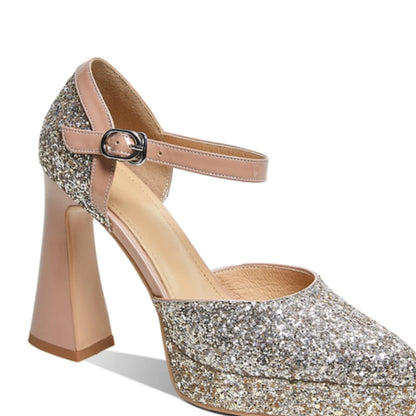 🍒Womens pointed toe platform shoes glitter heels silver banquet wedding shoes thick heels pumps ankle strap footwear Cute Form Platform