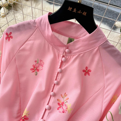 🍒Floral print maxi dress puff sleeve pattern womens stand collar outfit with flowers belt single breasted shirt dress gorgeous prom party wear  occasion fashion wedding guest clothes Get Pink Lemonade At A Garden Party