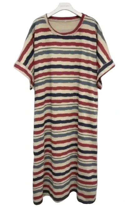 🍒Striped t-shirt dress A- line knee length outfit plus size slimming clothes for plus size women spring summer fashion   Stripe A- Pose