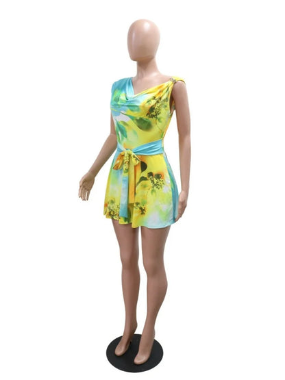 🍒 Shorts Jumpsuit loose printed sleeveless romper women  with tie waist colourful summer fashion female casual clothes Jump Into A Colourful Suit