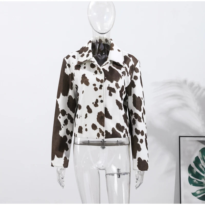 🍒Women's cow print Jacket with lapel collar short zipper coat for smart casual female outerwear  Warm    Milk (it) A Cow