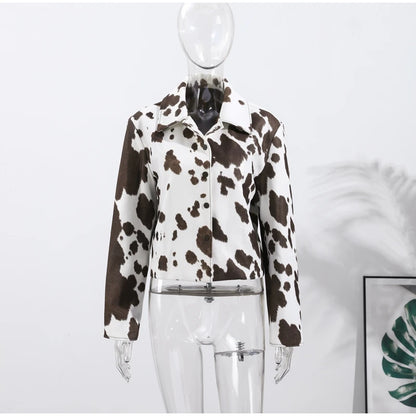 🍒Women's cow print Jacket with lapel collar short zipper coat for smart casual female outerwear  Warm    Milk (it) A Cow