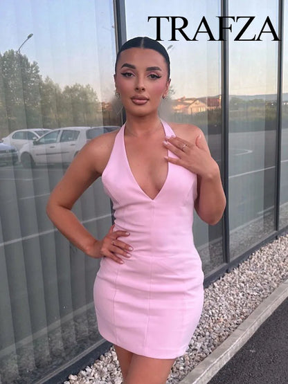 🍒Fashion dress solid v-neck solid mini dress sleeveless backless for women female fashion summer wear beach wear style