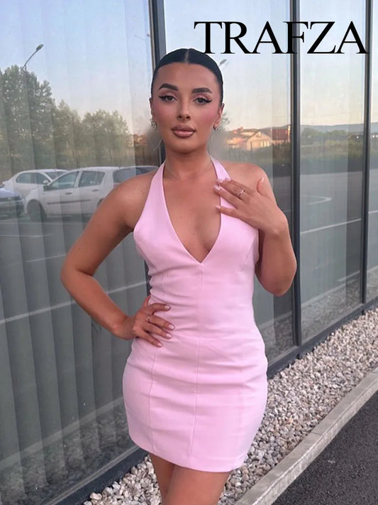 🍒Fashion dress solid v-neck solid mini dress sleeveless backless for women female fashion summer wear beach wear style