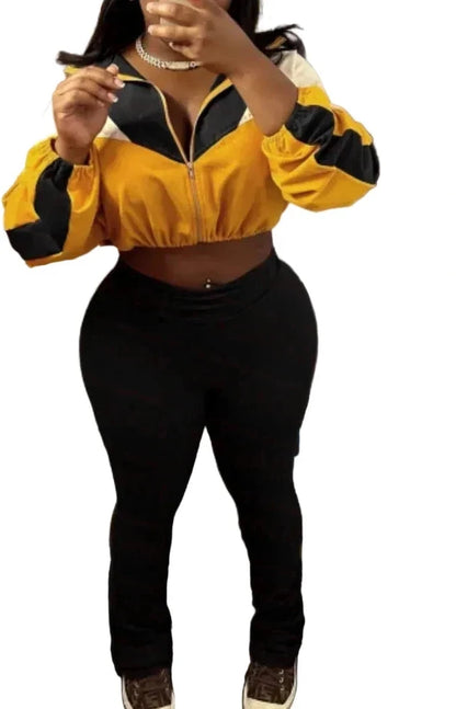 🍒Colour block 2 piece set outfit casual zipper tops women drawstring crop top plus high waist flare pants suit summer autumn fashion activewear outfits Lounge Lovely Kick Cumfy Or Fit Colour Into Your Keep Fit