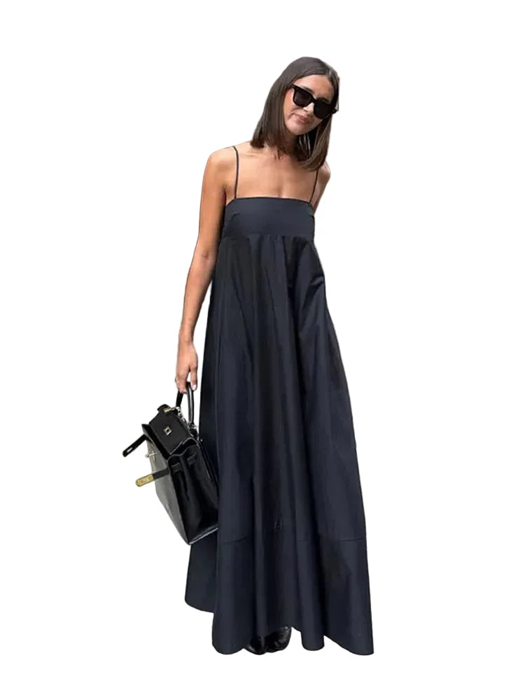 🍒Solid backless spaghetti strap dress women's summer fashion loose high waist a-line outfit summer holiday wear Back Black