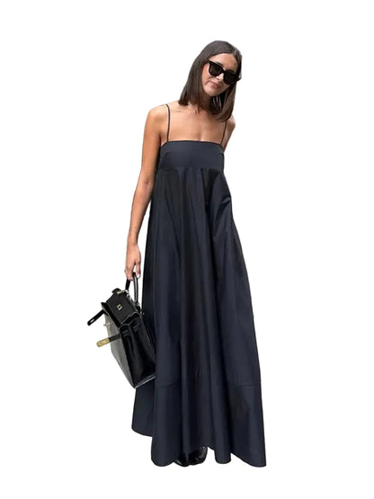 🍒Solid backless spaghetti strap dress women's summer fashion loose high waist a-line outfit summer holiday wear Back Black