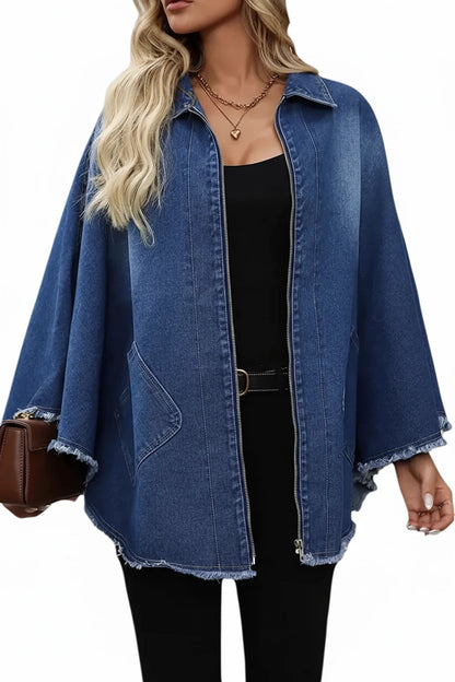 🍒Denim jacket women y2k pocket coat zipper poncho with turn down collar batwing sleeves  outerwear loose casual BAT For The DENIM team And WINg