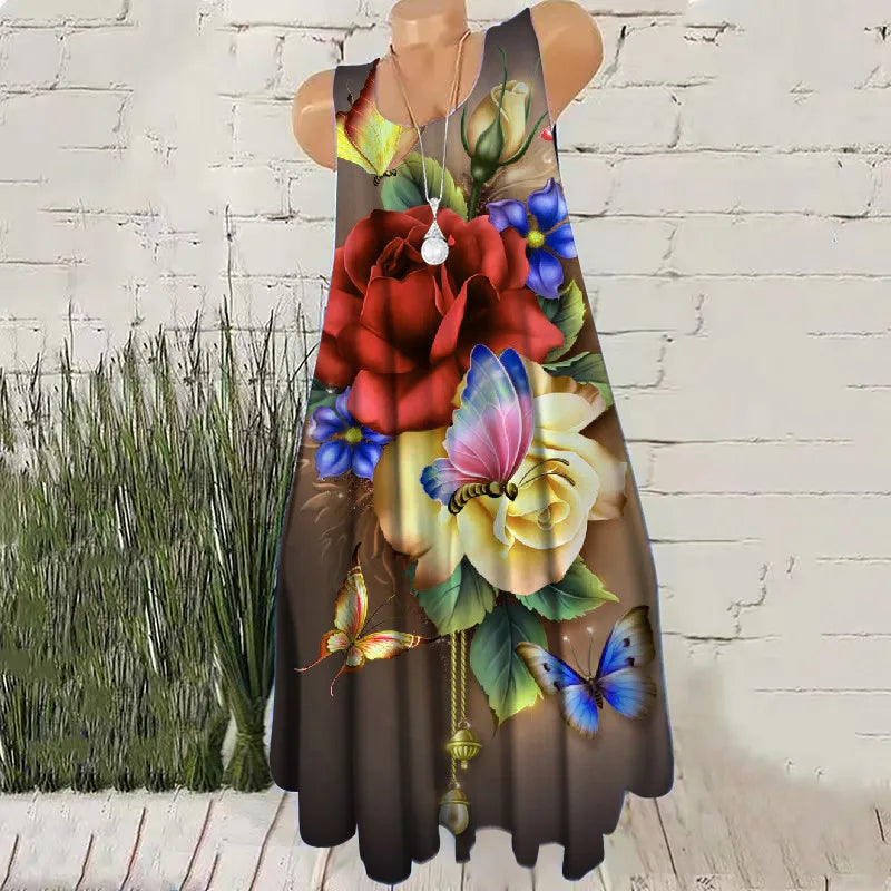 🍒Sleeveless floral print dresses summer beachy casual female short outfit floral fashion wear for women placment print