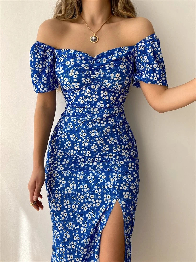 🍒Floral print party dress elegant women off shoulderless backless outfit summer slit boho midi smart casual ladies clothing Figure Out Your Floral Fashion
