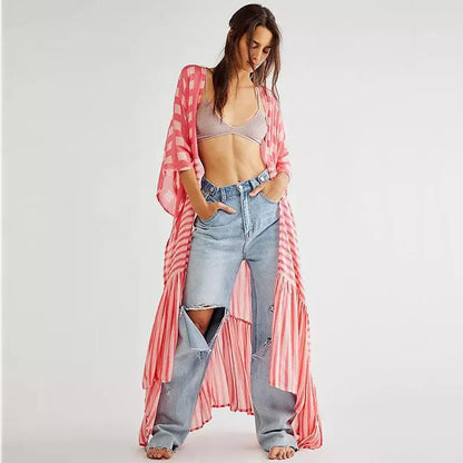 🍒Beach cover ups for swimwear women checker kimono with sripes cape summer dress beachwear outfits Check Out This Beach