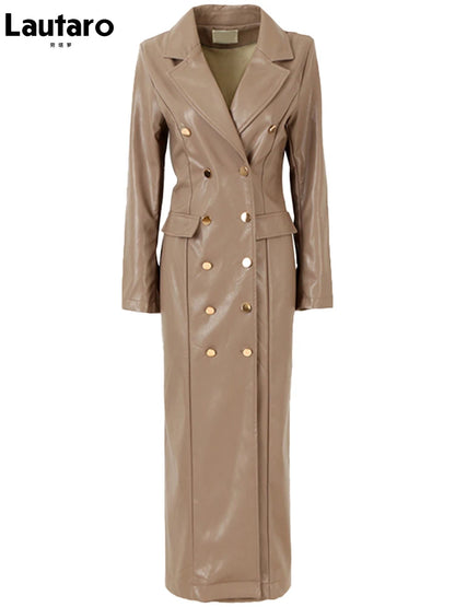 🍒Extra long faux leather trench coat for women double breasted luxury elegant long smart casual pu outerwear Keep aBREAST of DOUBLE take clothing