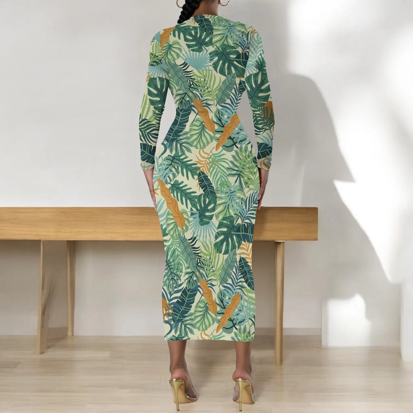 🍒Floral print dresses for women o -neck long sleeve fashion  stretchy summer clothes fitted bodycon midi smart casual You Won't Want To Leaf This Dress Alone