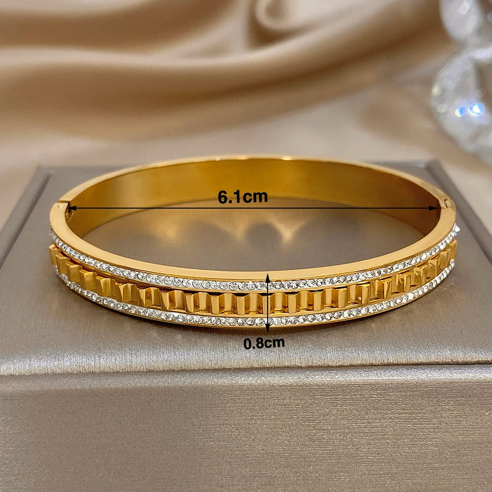 🍒Irregular geometric wave stainless steel bracelet with rhinestones exquisite gold colour cuff bangle smart casual Jewellery accessories Gifts Glitz Up Your Hand With A Band