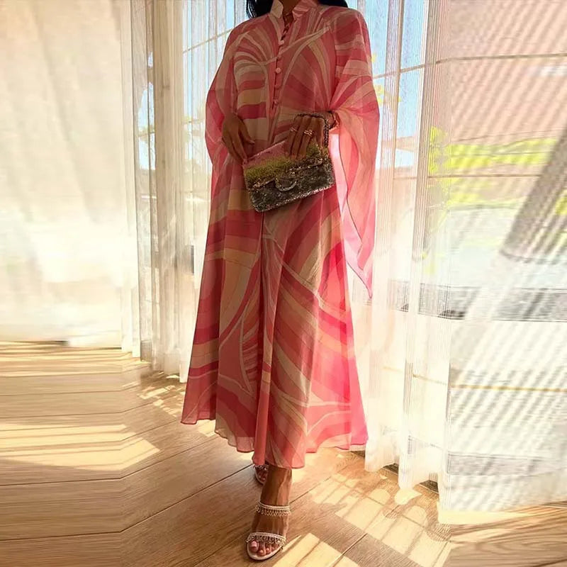 🍒Print loose maxi dress maxi wedding guest o-neck maxi smart casual wear women long sleeve boho beach dress for part occasion wear outfit Get Dressed In A Wisper