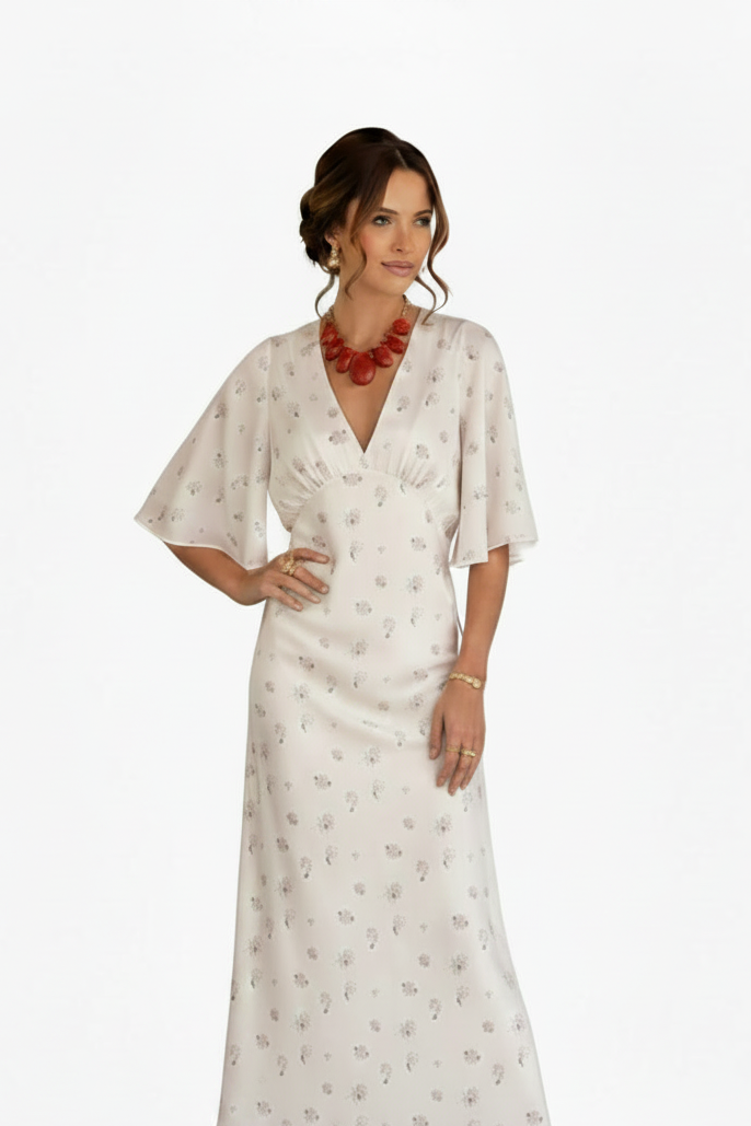 🍒White floral satin maxi dress for women casual or occasion wedding guest beach vacation outfit flower printed v-neck dress womens fashion slim fit waist short butterfly sleeve long summer wear with short sleeves high waist cute comfy casu-casion
