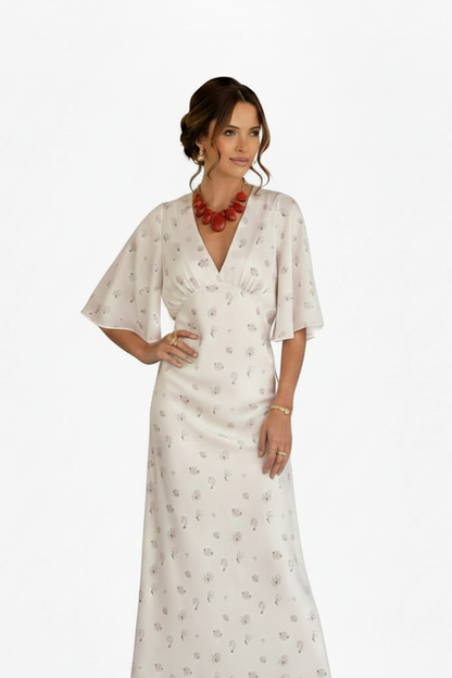 🍒White floral satin maxi dress for women casual or occasion wedding guest beach vacation outfit flower printed v-neck dress womens fashion slim fit waist short butterfly sleeve long summer wear with short sleeves high waist cute comfy casu-casion