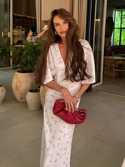 🍒Summer printed v-neck dress  with flower print womens fashion slim fit waist short butterfly sleeve long summer outfit with short sleeves high waist office wear cute comfy casu classy