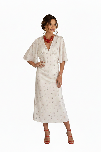 🍒White floral satin maxi dress for women casual or occasion wedding guest beach vacation outfit flower printed v-neck dress womens fashion slim fit waist short butterfly sleeve long summer wear with short sleeves high waist cute comfy casu-casion