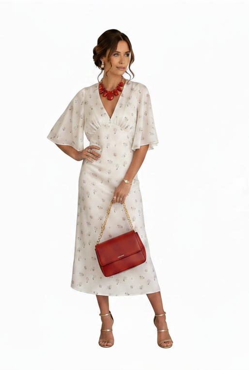 🍒White floral satin maxi dress for women casual or occasion wedding guest beach vacation outfit flower printed v-neck dress womens fashion slim fit waist short butterfly sleeve long summer wear with short sleeves high waist cute comfy casu-casion