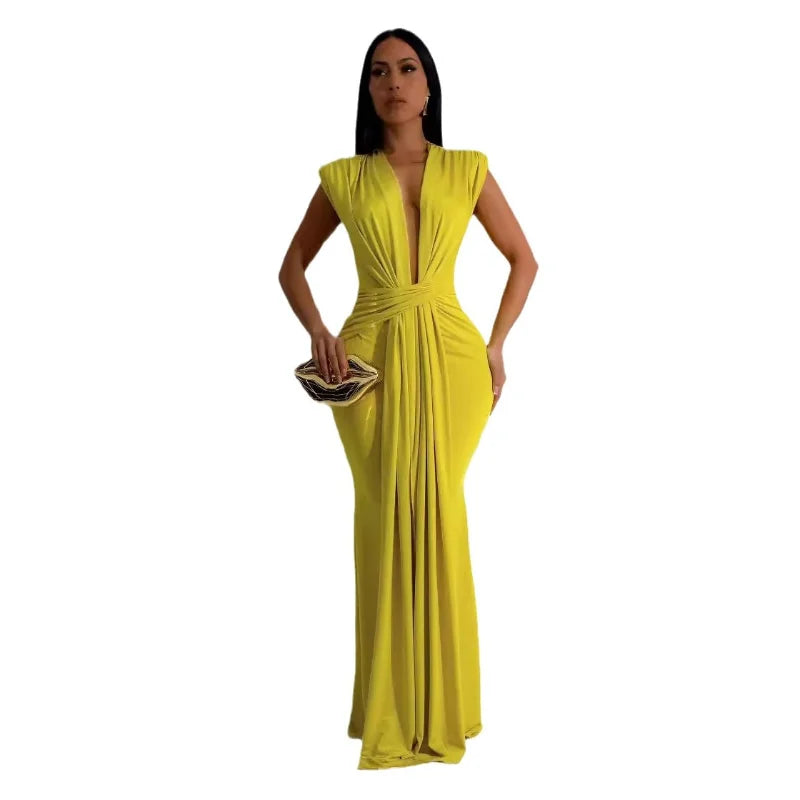 🍒Womens deep v maxi dress  long  sleeveless solid bodycon fitted waist outfit dressy drape colourful evening wear Spend A Colourful HOUR With A GLASS