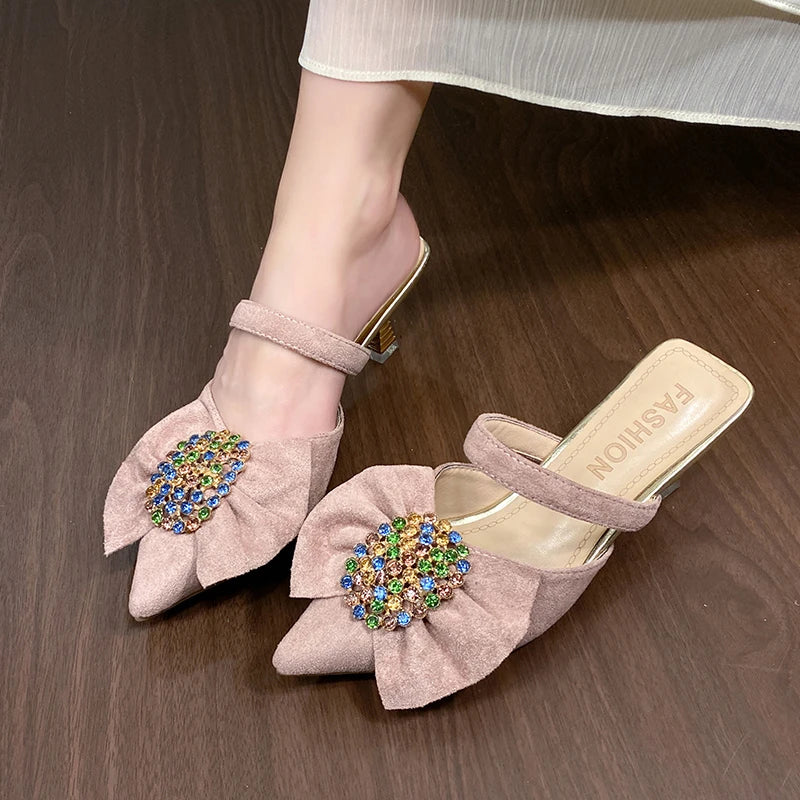 🍒Womens crystal sandals closed toe summer shoes pointed toe mules with bow kitten heel pumps smart casual footwear dress slippers for occasion wear Dont Be Disapointed Get your Point