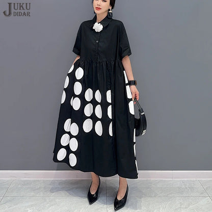 🍒Large polka dot printed dress black and white long shirt dress loose fit plus size fashion chic smart casual wear women Say Yes To Dominos