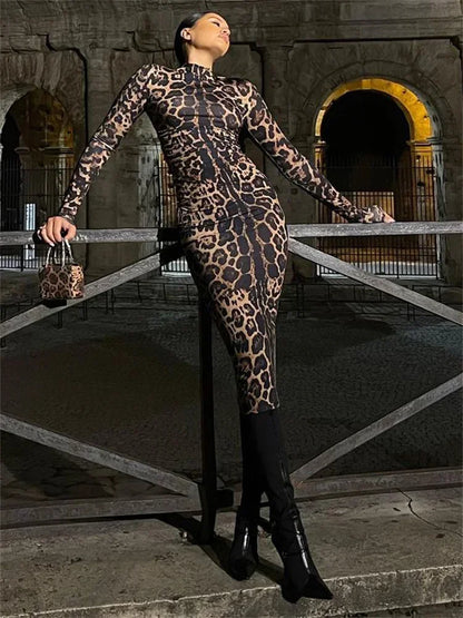 🍒Red striped long dress womens bodycon turtle neck zebra print mesh outfit clubwear party occasion wear clothing                       Catwalk Your Tiger
