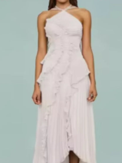 🍒Ruffles evening gown elegant neck strap pleated a-line midi dress solid color summer outfits backless vacation wear Y2k fashion party occasion wear       Get This Ruffle You'll Be Frilled