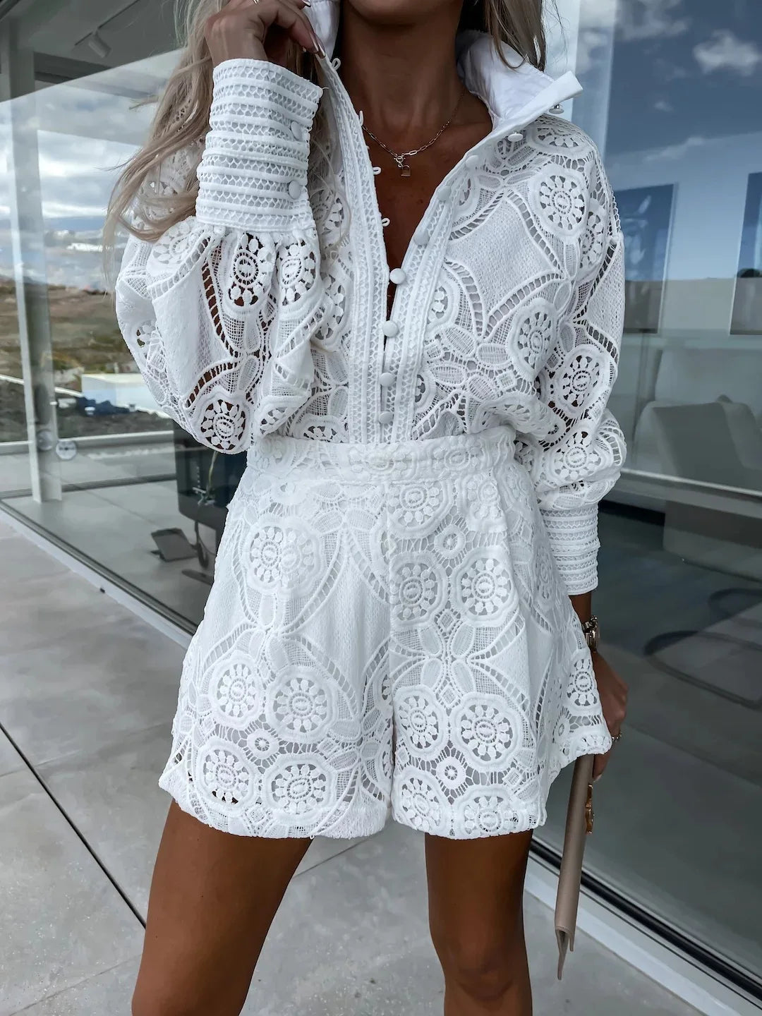 🍒Two piece sets women flower-embroidery floral fashion turn-down collar shirt buttoned and high waist shorts with pockets design smart casual clothes Pretty Cut Rose