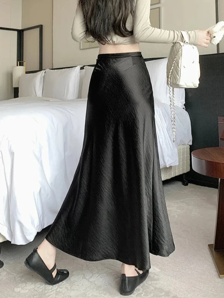 🍒Elegant high waist skirts for women fashion black grey satin skirt classic smart casual women  long skirt summer wear slinky silky skirty style