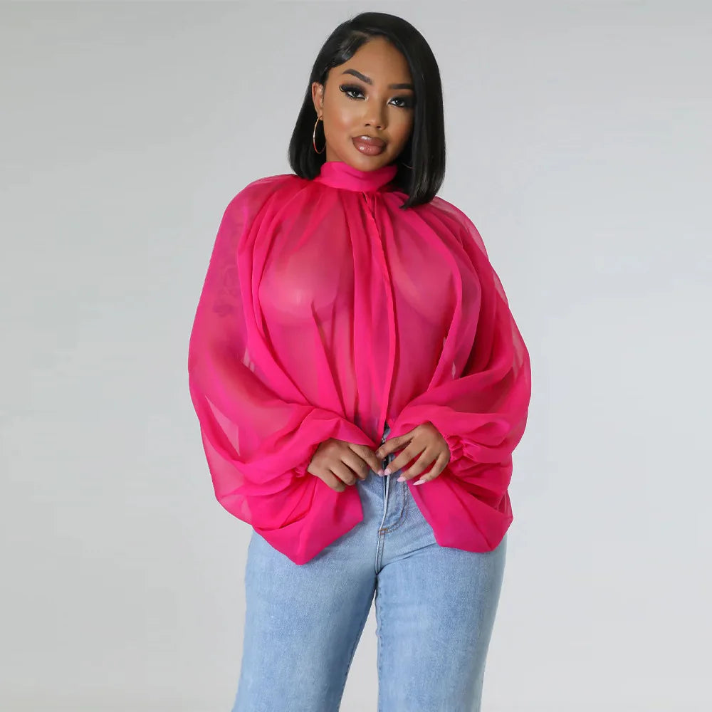 🍒Colourful chiffon blouses plus size printed front split blouse fashion batwing loose fitting see though top with puff sleeves party night club blouses shirt for women OPEN Up Your Armoire to A Cool BLOUSE