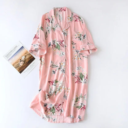 🍒Womens pyjama nightie cotton viscose comfy cardigan nightdress loose fit short sleeve nightgown floral print night wear sleep dress Comfort Cool