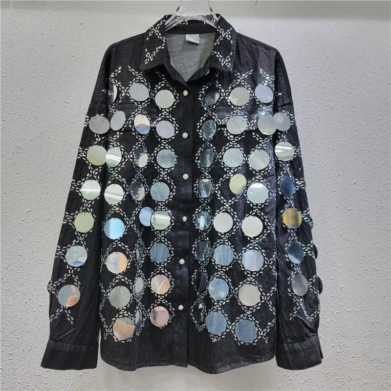 🍒Denim shirt big sequin Jacket plaid tops occasion partywear and matching high waist wide legs denim pants two piece sets women Dynamic Denim
