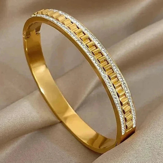 🍒Irregular geometric wave stainless steel bracelet with rhinestones exquisite gold colour cuff bangle smart casual Jewellery accessories Gifts Glitz Up Your Hand With A Band